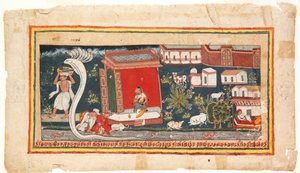 O bebê Krishna é levado para a segurança, 1600-25 (wc opaco no papel) de Indian School
