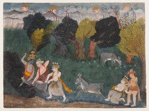 Balarama Kills the Ass Demon, Página de uma Série Bhagavata Purana Dispersa, c.1725 (aguarela opaca e prata sobre papel) de Indian School