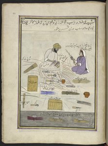 Cesteiro e sua esposa,  86 desenhos encadernados em um volume representando ofícios e ocupações na Caxemira, artesãos são mostrados trabalhando com seus implementos e equipamentos,  Por um artista da Caxemira, provavelmente em Srinagar, c.1850-60 (guache s de Indian School