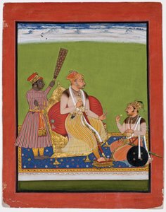 Bhao Singh entronizado com um nobre a seus pés, c.1680 (wc opaco e ouro sobre papel) de Indian School