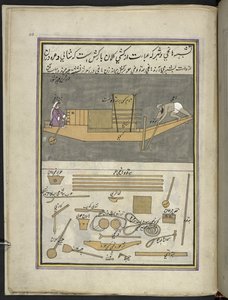 Barqueiro e mulher transportando cargas de arroz, 86 desenhos ligados a um volume representando ofícios e profissões em Caxemira, Os artesãos são mostrados no trabalho com as suas alfaias e equipamento, Por um artista de Caxemira, provavelmente em Srinagar de Indian School