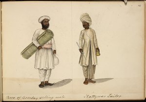 Vendedor de tapetes Bohori; alfaiate Kathiawar de Indian School