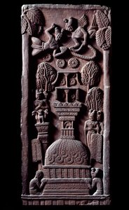 Budismo: "Mahaparinirva a ou parinirvana, fim da existência terrena de Buda, chegando ao nirvana" (Parinirvana, nirvana final, que ocorre após a morte do corpo de Buda) detalhe du stupa de Bharhut (Barhut, Barouth) baixo relevo de negro de Indian School