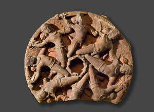 Roundel de teto com oito guerreiros armados interligados, sul do Rajastão, (arenito) de Indian School