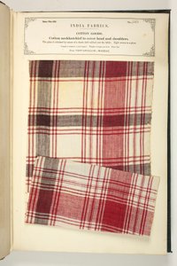 Lenço de algodão para cobrir cabeça e ombros de Ventapollum em Madras, de "The Collection of the Textile Manufacturers of India", de John Forbes Watson, publicado em 1866 (mídia mista) de Indian School