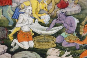 Detalhe de demônios em uma paisagem selvagem, c.1600 (wc opaca e ouro no papel) de Indian School