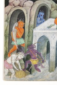 Detalhe de demônios em uma paisagem selvagem, c.1600 (wc opaca e ouro no papel) de Indian School