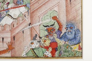 Detalhe de Krishna Fere o Demônio Narakasura com seu Discus, c.1585-90 (wc opaco e ouro no papel) de Indian School