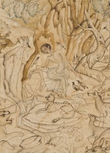 Detalhe de Majnun no deserto, c.1595 (wc opaca e ouro sobre papel) de Indian School