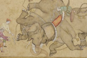 Detalhe de um combate de elefantes, com arabesco floral de fronteira, c.1610 (wc opaco e ouro sobre papel) de Indian School