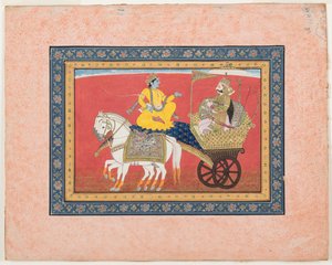 Diálogo entre Krishna e Arjuna no campo de batalha de Kurukshetra, c.1820 (aquarela opaca e ouro sobre papel) de Indian School