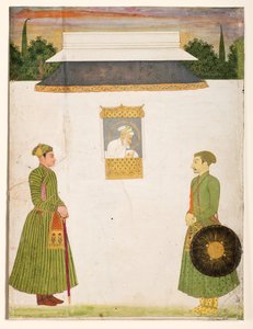 Imperador Aurangzeb em uma janela de jharokha, dois nobres em primeiro plano, c.1710 (wc ouro opaco no papel) de Indian School