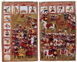 Entrada do Profeta Muhammad na Caaba em Meca em 630, ilustração de "Hamla-i-Haydari", de Mirza Muhammad Rafi "Bazil, 1808 de Indian School