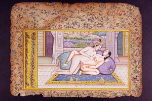 Cena erótica em um luxuoso boudoir, pintura em miniatura de Rajasthani