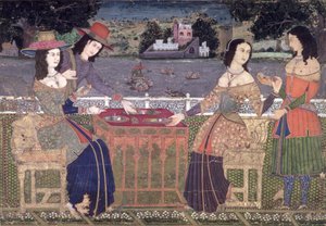 Europeus Refrescando-se na varanda, Mughal, possivelmente Deccan (wc opaca no papel) de Indian School