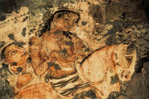 Figura de uma mulher no lombo de um cavalo, pintura Mural nas cavernas de Ajanta (número 1), período Gupta, século V-6 (pintura) de Indian School