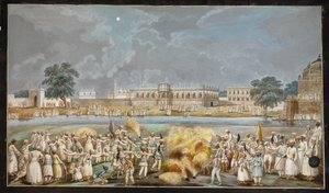 Fogo de artifício em uma noite de luar do lado de fora do Agna Mahal, parte do palácio do Nawab ao lado do rio em Murshidabad, c.1790-1800 (aquarela sobre papel) de Indian School