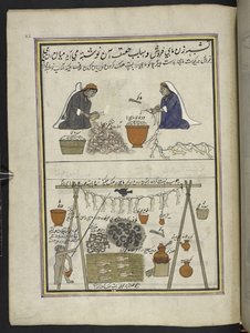 Pescadores, Mulheres a esventrar peixe; Homem a secar peixe, 86 desenhos ligados a um volume representando ofícios e profissões em Caxemira, Artesãos são mostrados no trabalho com os seus utensílios e equipamento, Por um artista de Caxemira, provavelmente  de Indian School