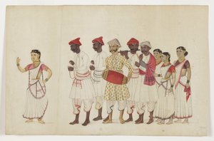 Quatro dançarinas em procissão com músicos, c.1830 (wc opaca e ouro no papel) de Indian School