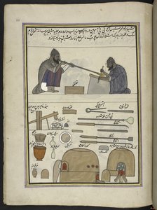 Glass-blowers, 86 desenhos encadernados num volume representando ofícios e profissões em Caxemira, Os artesãos são mostrados no trabalho com as suas alfaias e equipamento, Por um artista de Caxemira, provavelmente em Srinagar, c.1850-60 (gouache em papel) de Indian School