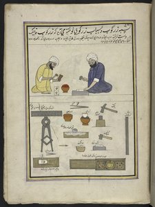 Batistas a fazer folha de ouro, 86 desenhos encadernados num volume representando ofícios e profissões em Caxemira, Artesãos são mostrados no trabalho com os seus utensílios e equipamento, Por um artista de Caxemira, provavelmente em Srinagar, c.1850-60 (g de Indian School