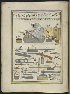 Pistoleiro, 86 desenhos encadernados num volume representando ofícios e profissões em Caxemira, Os artesãos são mostrados no trabalho com as suas alfaias e equipamento, Por um artista de Caxemira, provavelmente em Srinagar, c.1850-60 (gouache em papel) de Indian School
