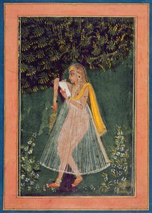 Senhora hindu a ler uma carta de amor debaixo de uma árvore (guache, tinta e ouro sobre papel) de Indian School