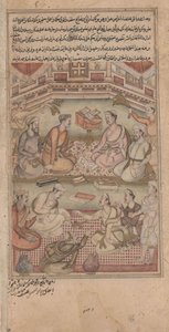 Eruditos hindus e muçulmanos traduzem o Mahabharata do sânscrito para o persa, ilustração do Razmnama, 1598-99 (wc, tinta e ouro no papel) de Indian School