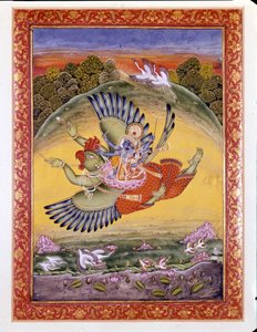 Hinduísmo: representação do pássaro Garuda carregando Vishnu (ou Vishnu), uma grande divindade hindu, e sua esposa Lakhmi de Indian School