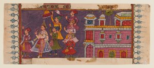 Holimens e cortesãos montam antes de um príncipe (wc opaca e ouro no papel) (ver 406510 para o verso) de Indian School