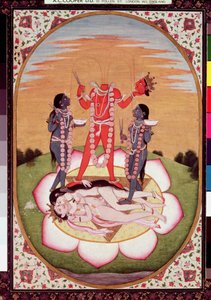 Ícone de Chinnamasta, o Mahavidya proveniente dos corpos unidos do Casal Originário, Kangra, c.1800 (guache sobre papel) de Indian School