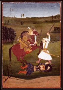 Arte indiana: "batalha entre um príncipe a cavalo e um guerreiro" Um demónio deitado no chão. Uma miniatura da escola de Bikaner. 1765 Coleção particular de Indian School