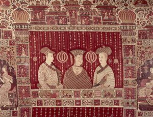 Mulher indiana com comerciantes europeus, região de Madras, Ahmedabad (algodão pintado) de Indian School