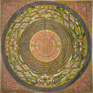 Diagrama Jain do universo (Jambudvipa) (guache sobre tecido de algodão) de Indian School