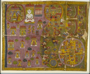 Peregrinação Jain, feita em Rajasthan, c.1750 (wc opaco e ouro em pano) de Indian School