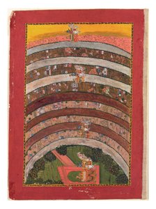 Percorrendo Terras Desconhecidas, das Viagens de Krishna em sua Carruagem, c.1750 (wc opaco, ouro e prata sobre papel) de Indian School