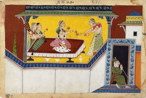 Kaikeyi, segunda rainha do rei Dasaratha, recompensando a serva corcunda Manthara, c.1690-1700 de Indian School