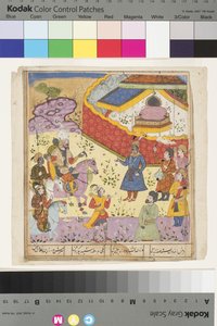 Kavus recebe Rustam, c.1610 (aquarela opaca e ouro no papel) de Indian School