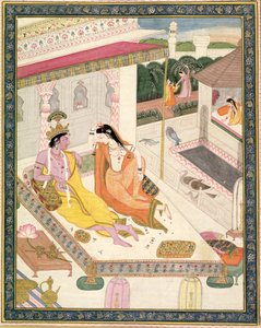 Krishna e Radha em uma cama em um palácio de Mogul, Punjab, c.1860 de Indian School