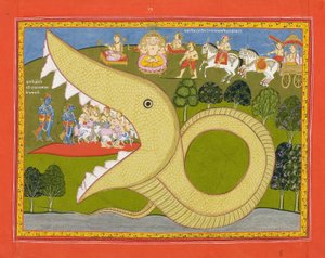 Krishna e os vaqueiros entram na boca de Agasuras, c.1800 (wc opaca e ouro no papel) de Indian School
