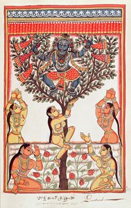 Krishna roubando as roupas do Gopi nadando no rio Yamuna (wc no papel) de Indian School
