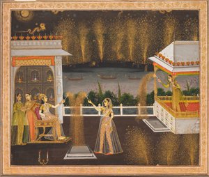 Senhoras a celebrar o Diwali, c.1760 (aguarela opaca e ouro sobre papel) de Indian School
