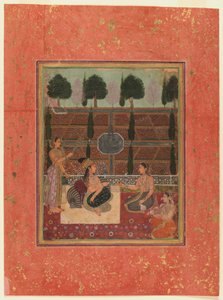 Senhoras em um terraço, Mughal Style, c.1700-10 (wc em papel com flocos de ouro) de Indian School
