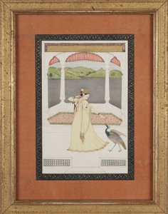 Senhora seduzindo um pavão com um fio de pérolas, c.1800 (guache e ouro sobre papel) de Indian School