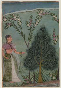 Senhora no deserto, fragmento de uma página de uma série Bhagavata Purana, c.1590-1600 (wc e ouro sobre papel) de Indian School