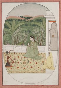 Senhora num terraço com um gancho, c.1770 (guache e ouro sobre papel) de Indian School