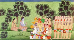 Lakshmana Consultando as cabeças dos exércitos de macacos, do Ramayana de Indian School