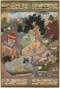 Layla e Majnun no deserto com animais, de um Khamsa (Quinteto) de Amir Khusrau Dihlavi, c. 1590–1600 (aquarela opaca, tinta e ouro no papel) de Indian School