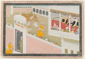 Folha de uma série dispersa de Hamir Hath, 1800-1810 (wc opaco e ouro no papel) de Indian School
