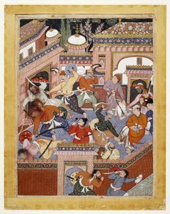 Liderados por Songhur Balkhi e Lulu, o Espião, os Ayyars cortam as gargantas dos Guardas Prisioneiros e o Livre Disse Farrukh-Nizhad, 1557-1572 (aquarela opaca e ouro em tecido de algodão) de Indian School